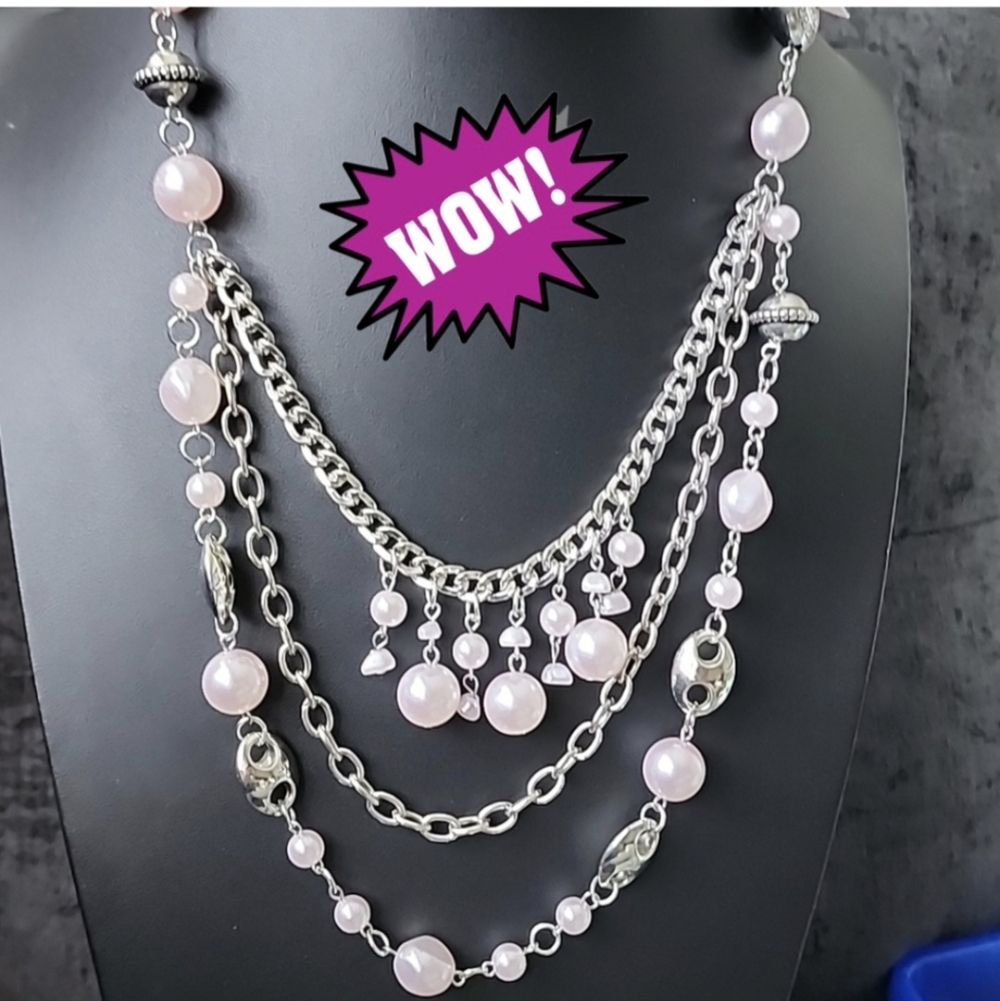 Ribbon CLOSURE PINK BEADED MULTILAYER PINK PEARL NECKLACE